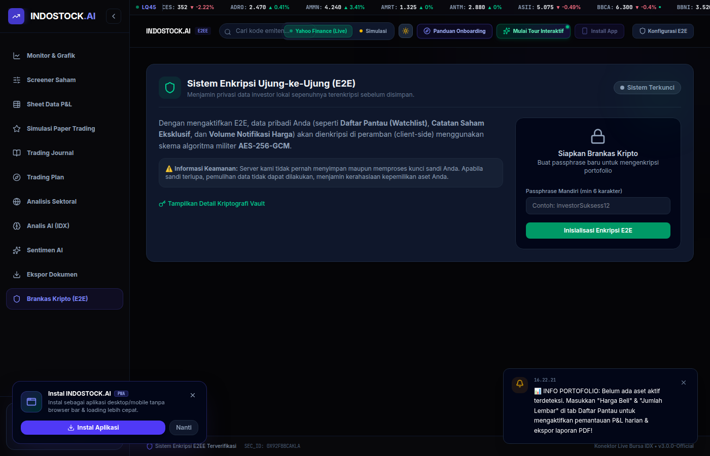 Pengaturan brankas enkripsi portofolio saham E2EE di INDOSTOCK.AI