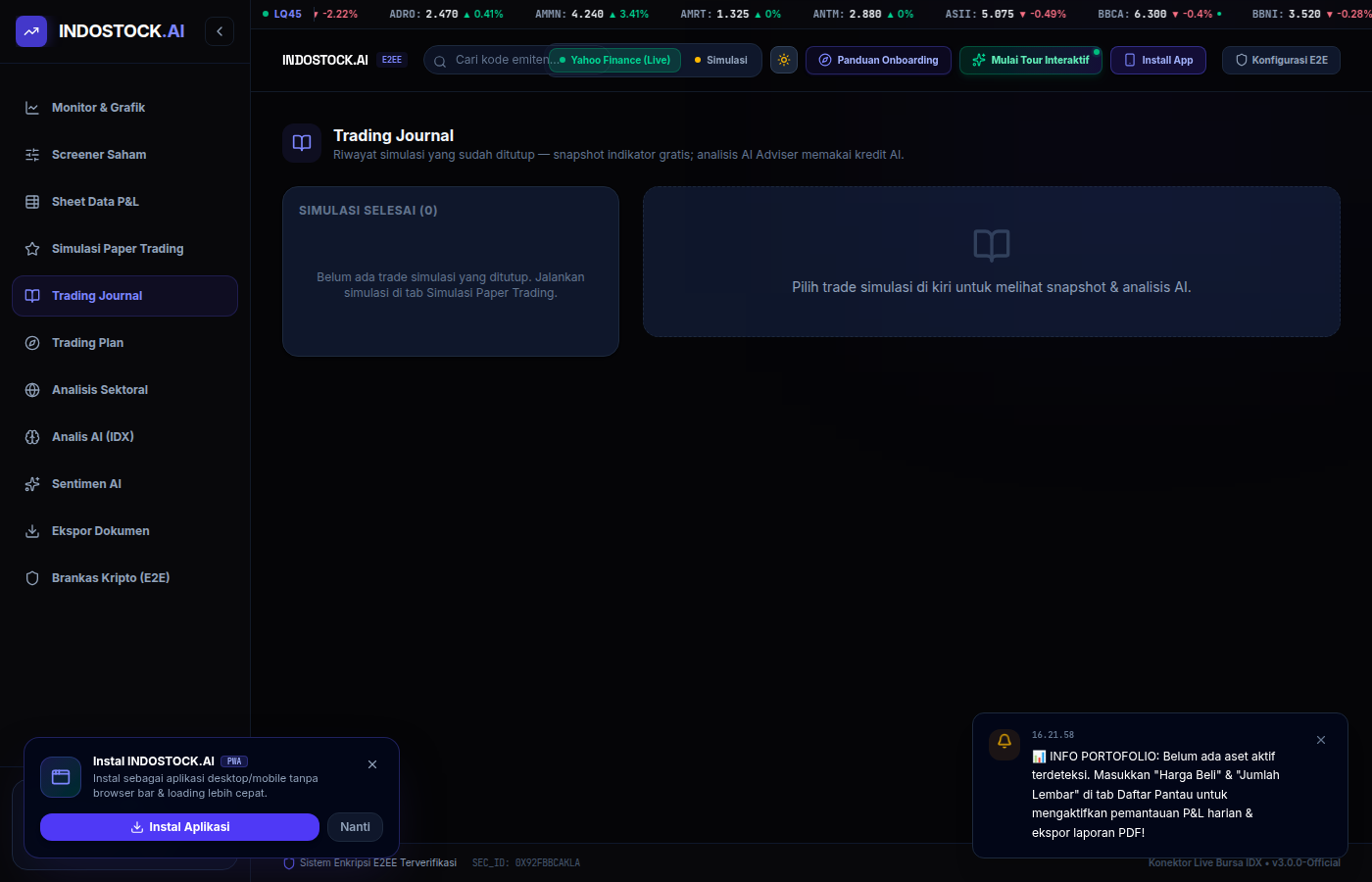 Trading journal evaluasi simulasi paper trading dengan AI Adviser
