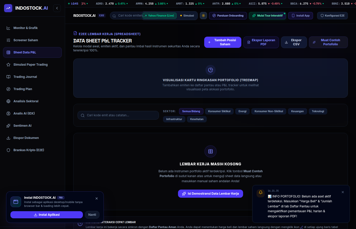 Sheet portfolio tracker P&L saham dengan perhitungan untung rugi di INDOSTOCK.AI